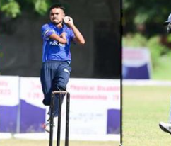 Cricketer in blue bowling during a match